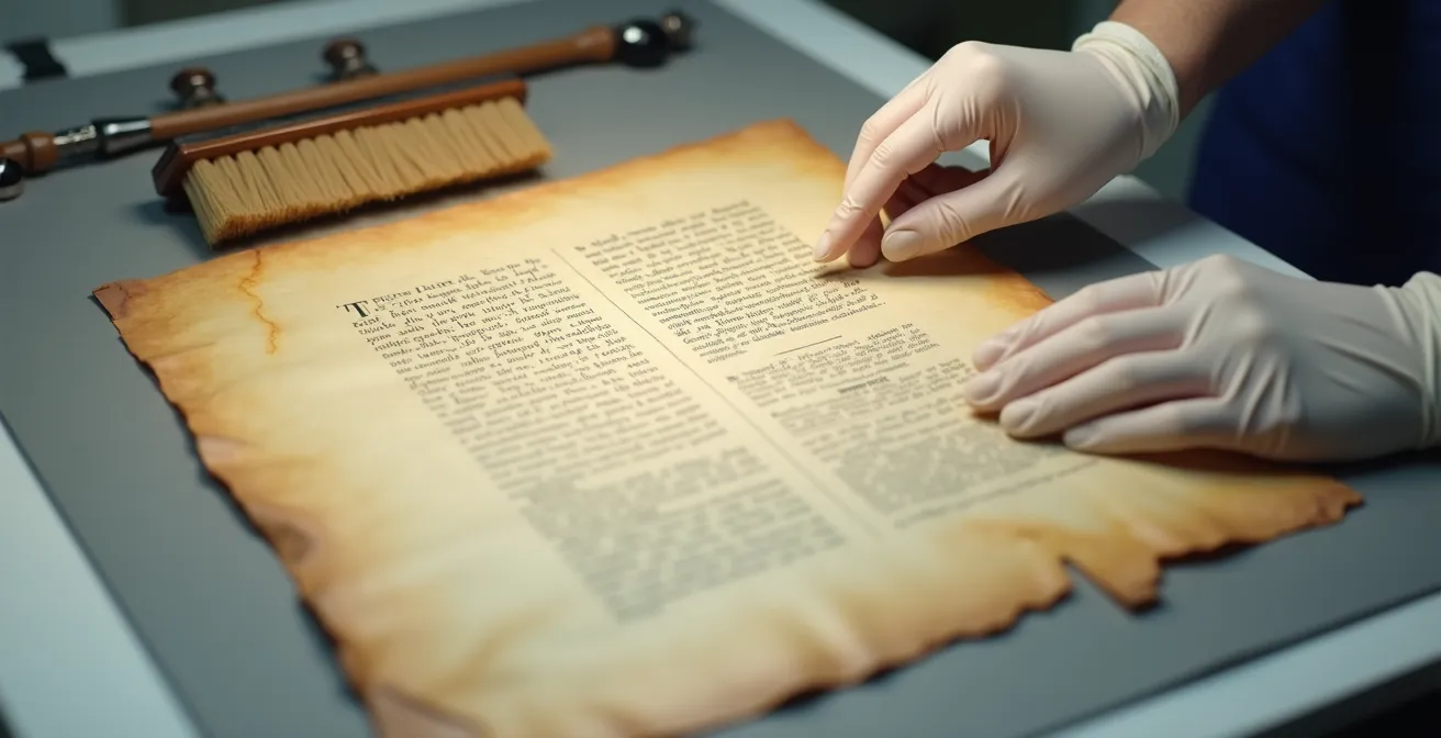 Hands in cotton gloves carefully positioning an aged document with professional overhead camera setup