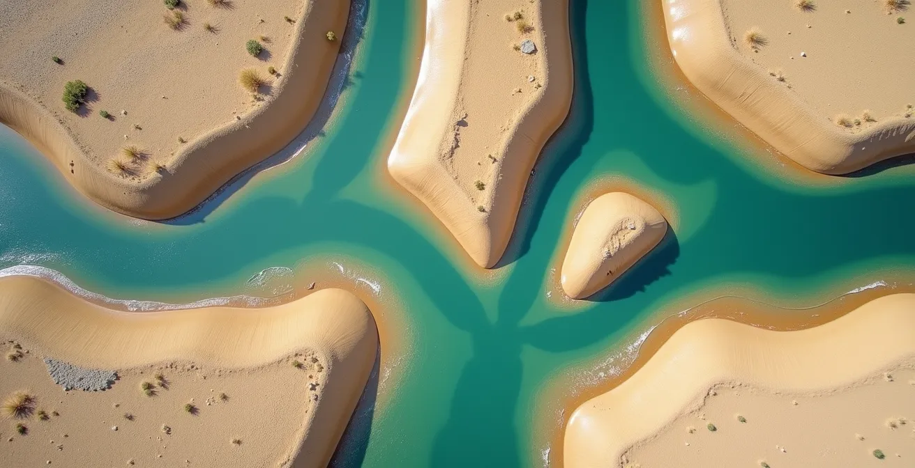 Abstract representation of narrative flow converging and diverging like water streams