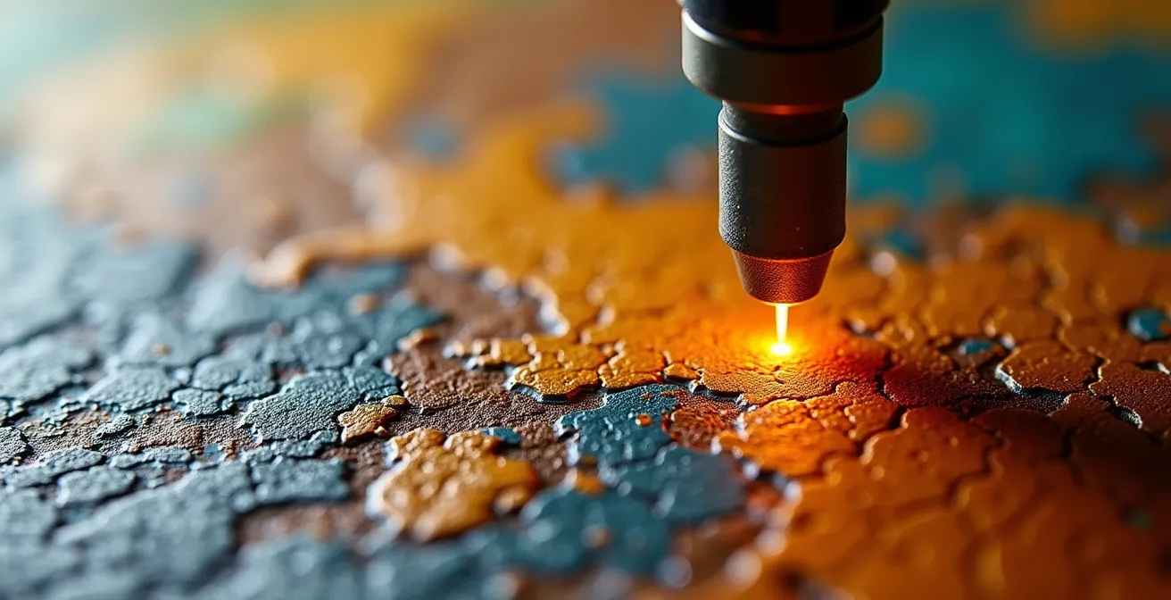 Precise laser technology removing overpaint layer by layer from a historical painting surface without damaging original pigments