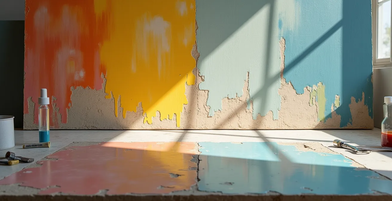 Microscopic view showing the chalky, de-saturated appearance of oil paint after improper solvent cleaning has leached the binder