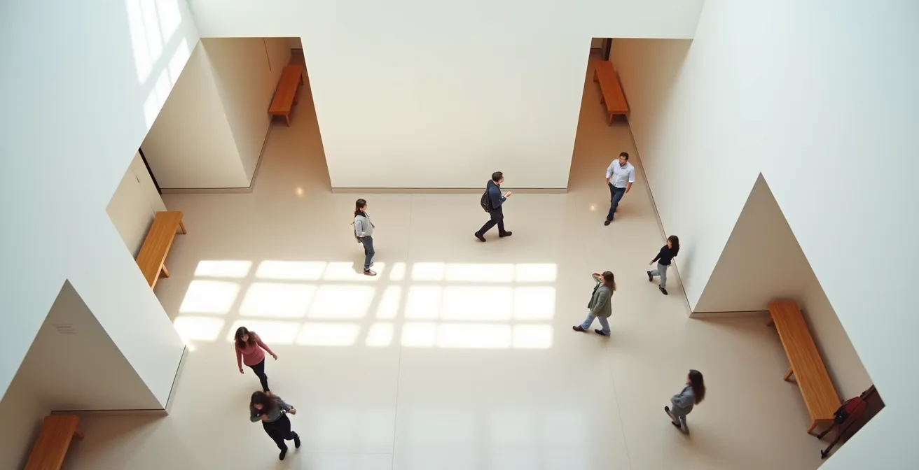 Aerial perspective of museum gallery showing alternating open and intimate spaces with varied lighting