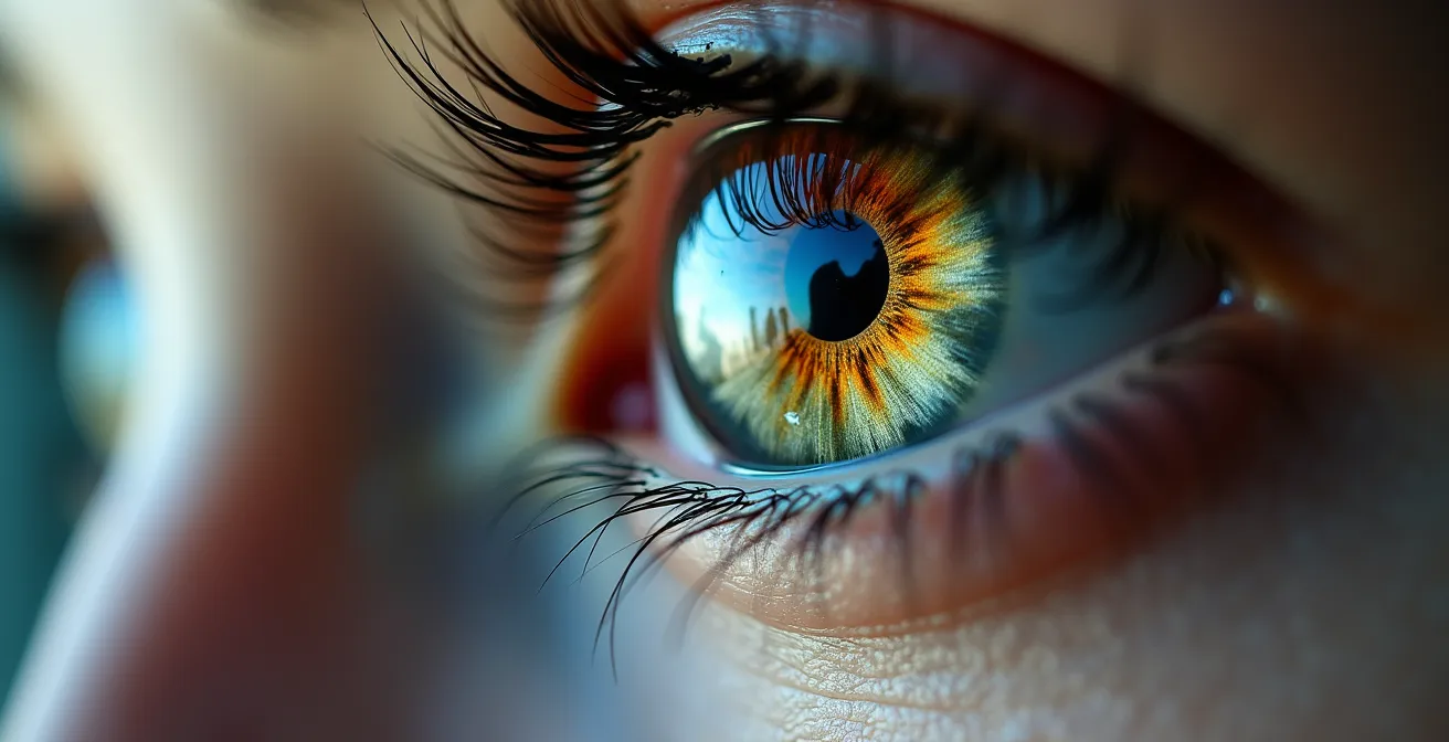 Extreme close-up of reader's eyes reflecting story elements transitioning from chaos to focus