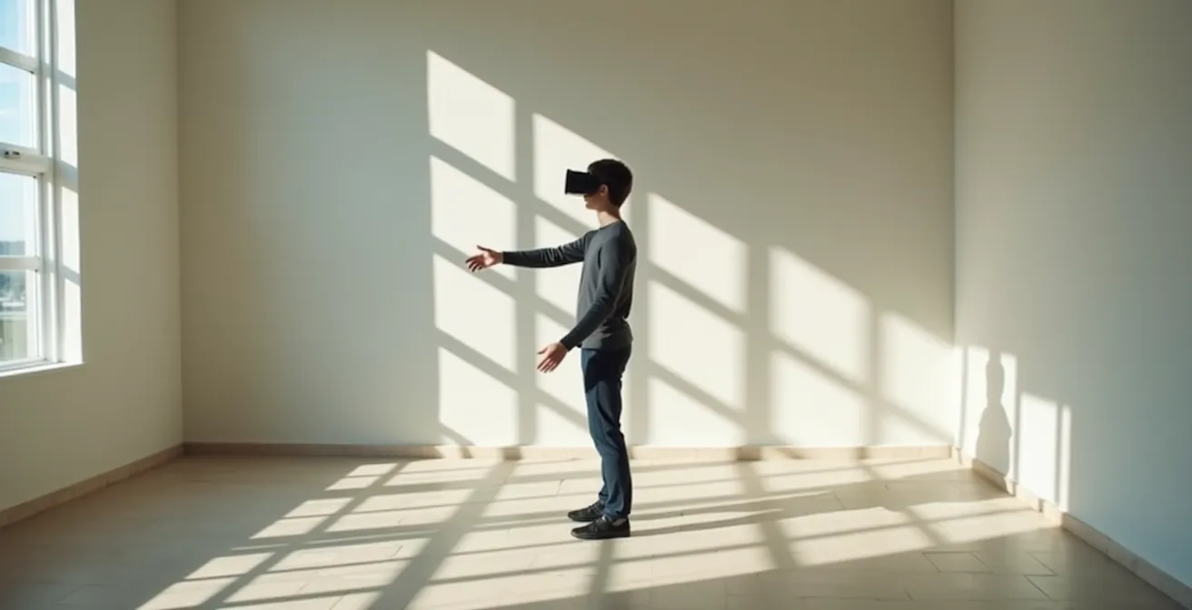 Person in VR headset surrounded by subtle environmental safety cues