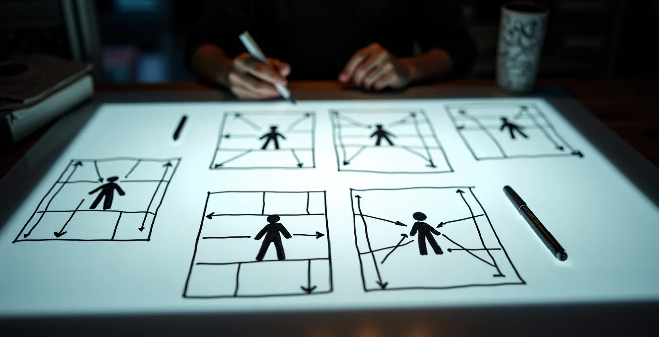 Multiple comic panels showing consistent character positioning following the 180-degree rule