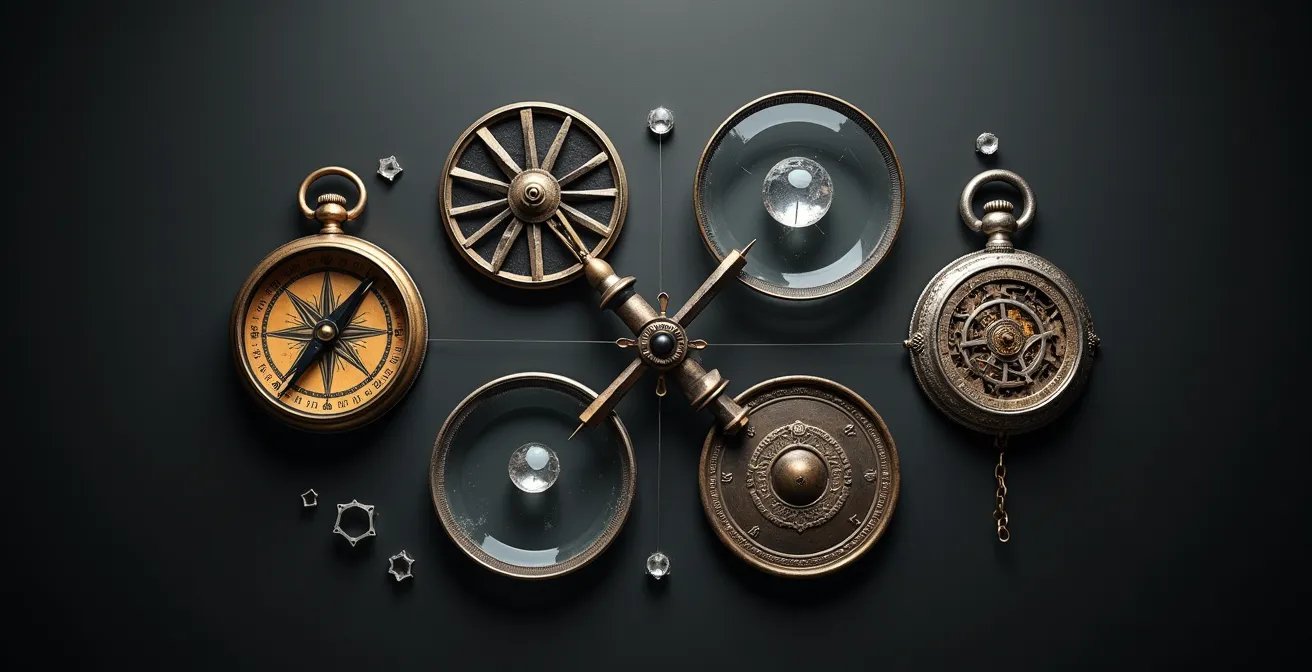 Abstract visual metaphor comparing different book genres through symbolic objects