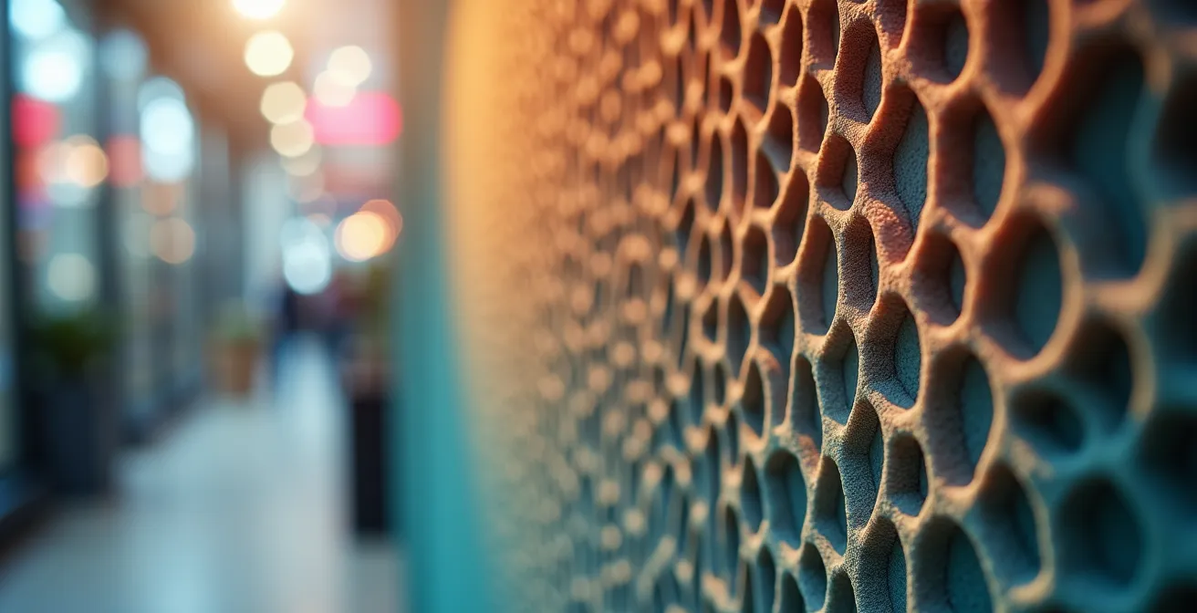 Macro close-up of acoustic foam panel texture in a retail environment
