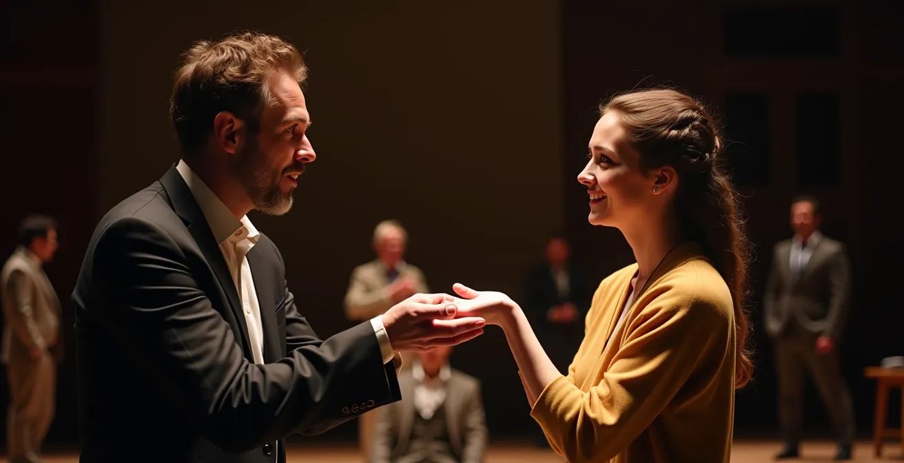 Actors on stage using hand gestures to suggest an invisible object during live performance