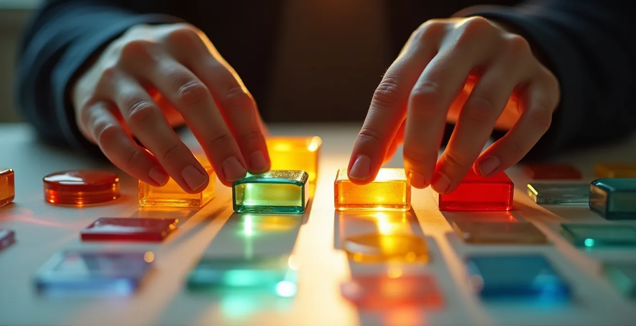 Human hands arranging colored glass pieces creating unique patterns on illuminated surface