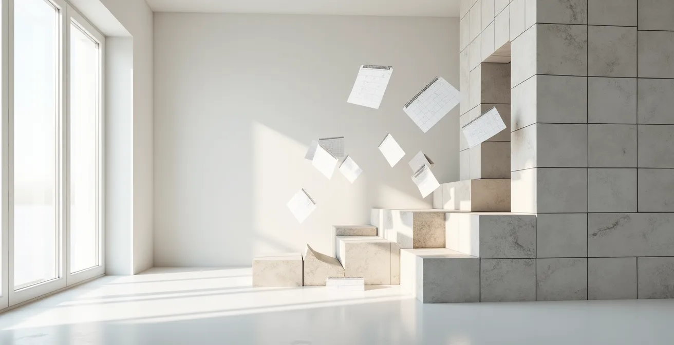 Abstract representation of time commitment showing calendar pages transforming into solid foundation blocks