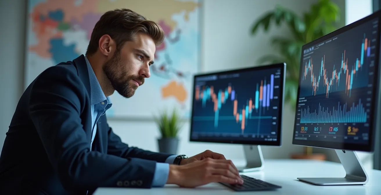 Art advisor analyzing market trends on multiple displays showing graphs and artwork values