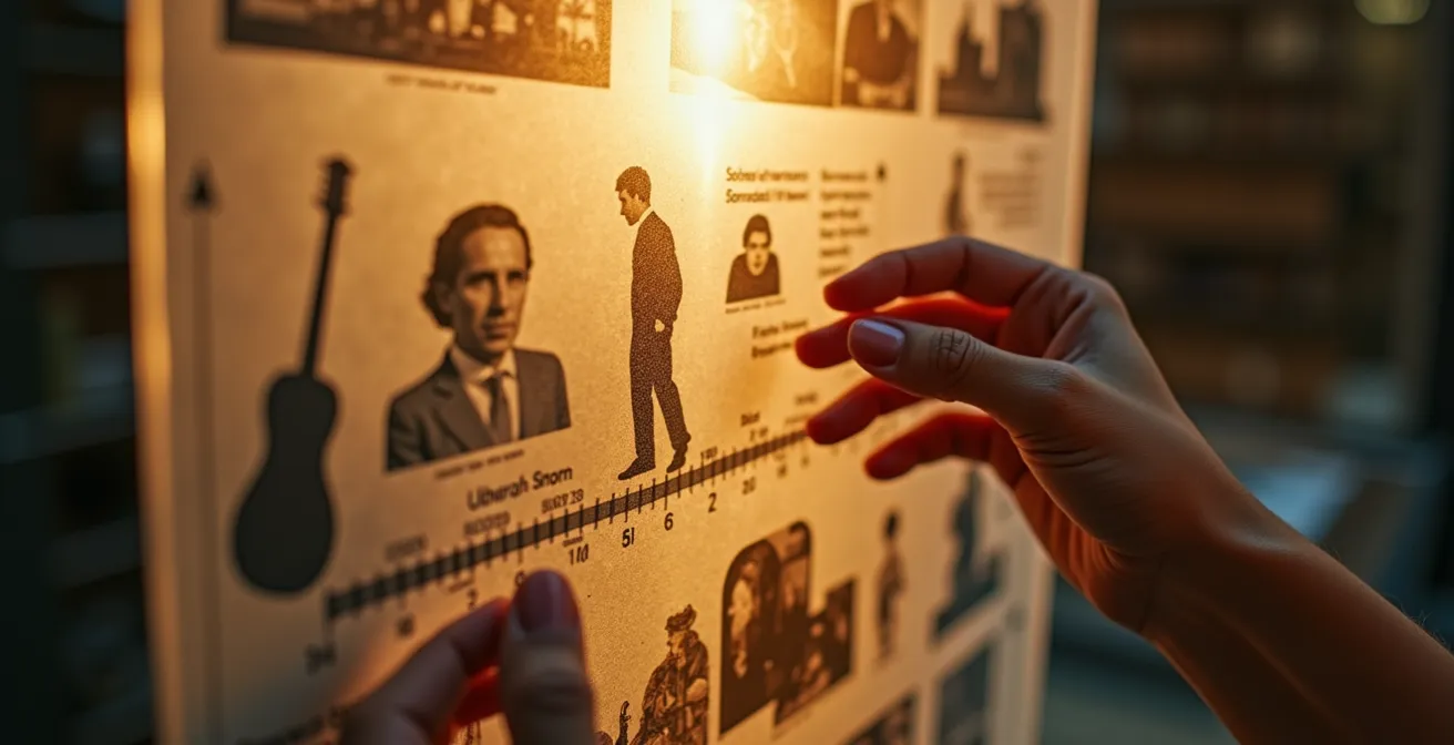 Archivist's hands arranging translucent layers showing historical photos and timelines, visualizing the metadata context of an artwork.