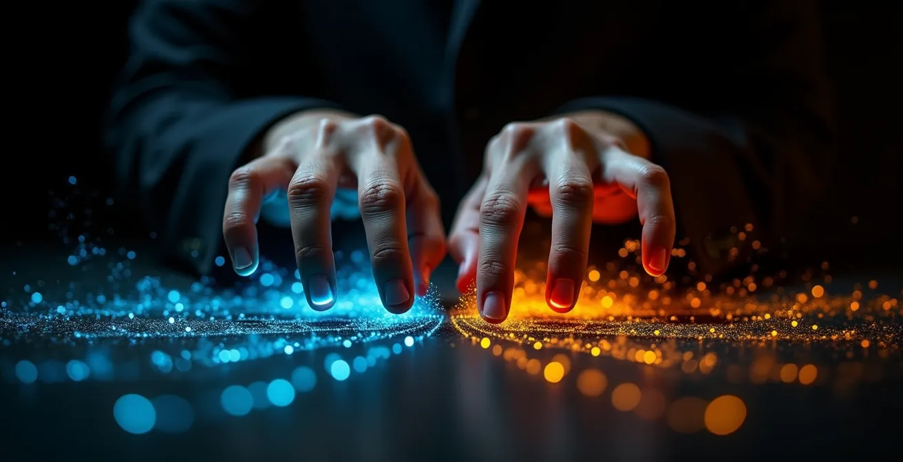 Close-up of hands manipulating invisible spatial audio controls with sound wave visualization