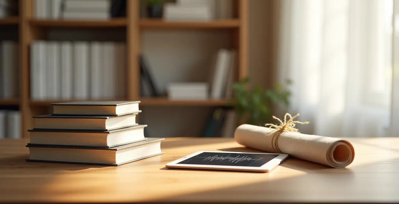 Wide shot of home office with various publishing formats displayed on natural surfaces