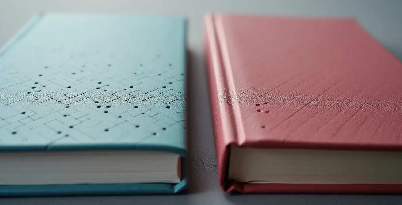 Extreme close-up of two book cover textures showing different design approaches