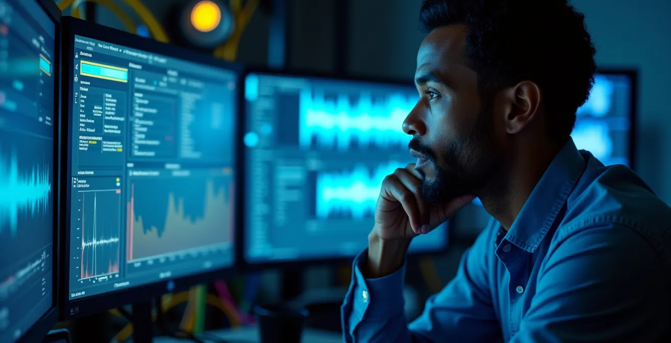 Broadcast engineer analyzing network packets on multiple monitoring systems in technical workspace