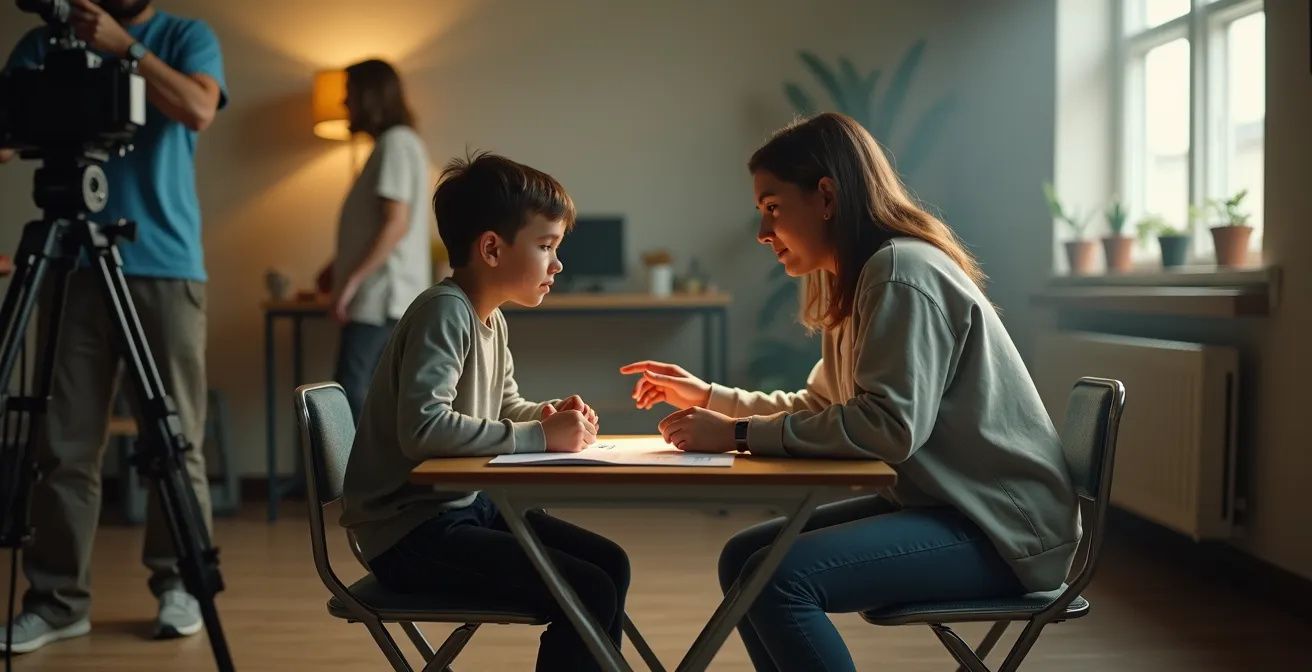 Studio teacher working with young actor between takes on film set