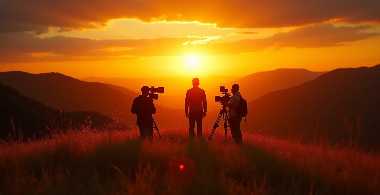 Film crew capturing an actor silhouetted against golden sunset light in expansive natural landscape
