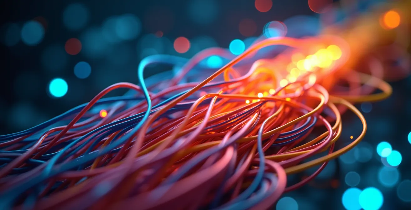 Macro view of tangled threads gradually organizing into clear pathways