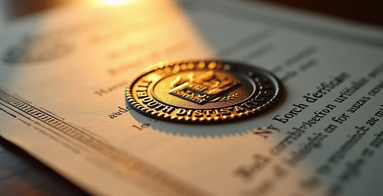 Extreme close-up of official copyright certificate with artistic depth of field