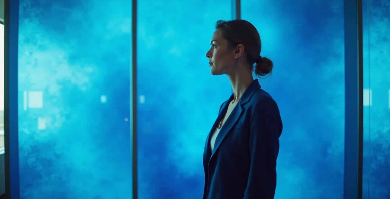 Modern corporate office space with blue accent lighting and artwork