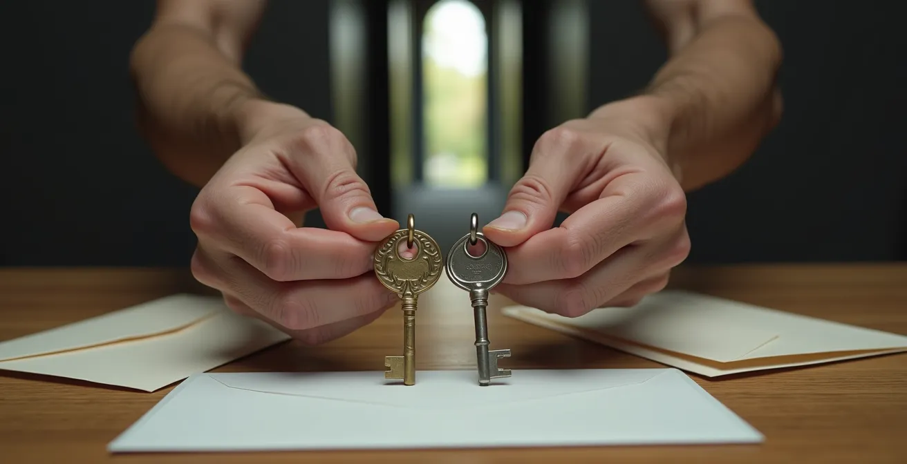 Close-up of hands at a crossroads holding two different keys