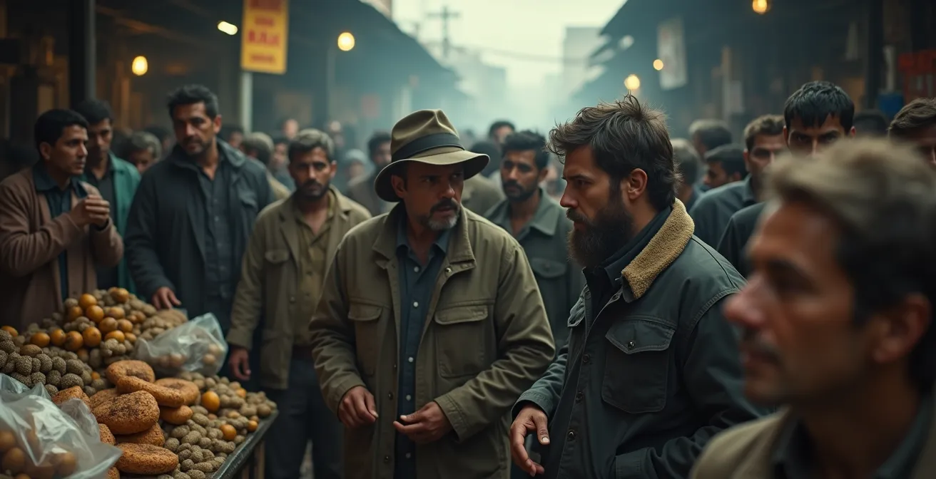 Busy dystopian marketplace scene with background extras engaged in various individual micro-stories and interactions