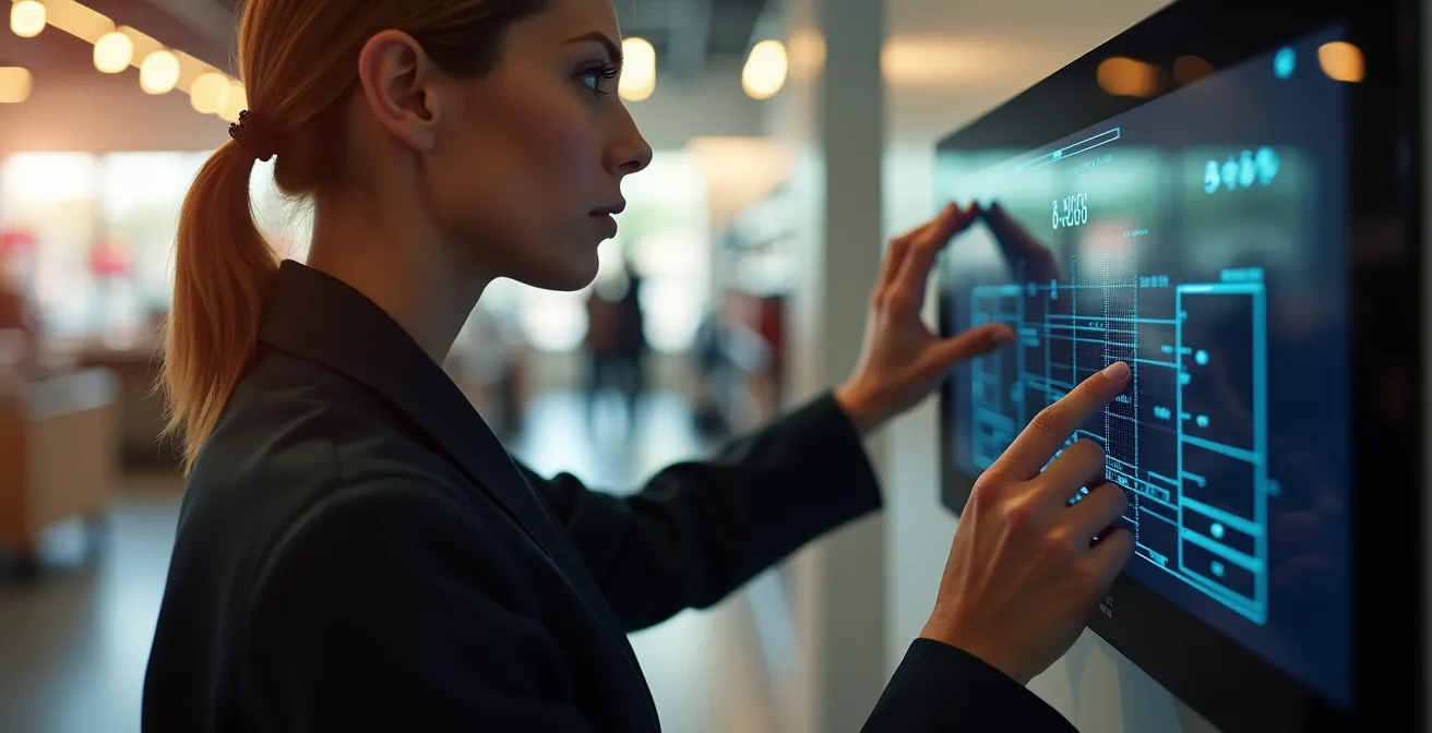 Retail employee adjusting digital sound system controls during different times of day