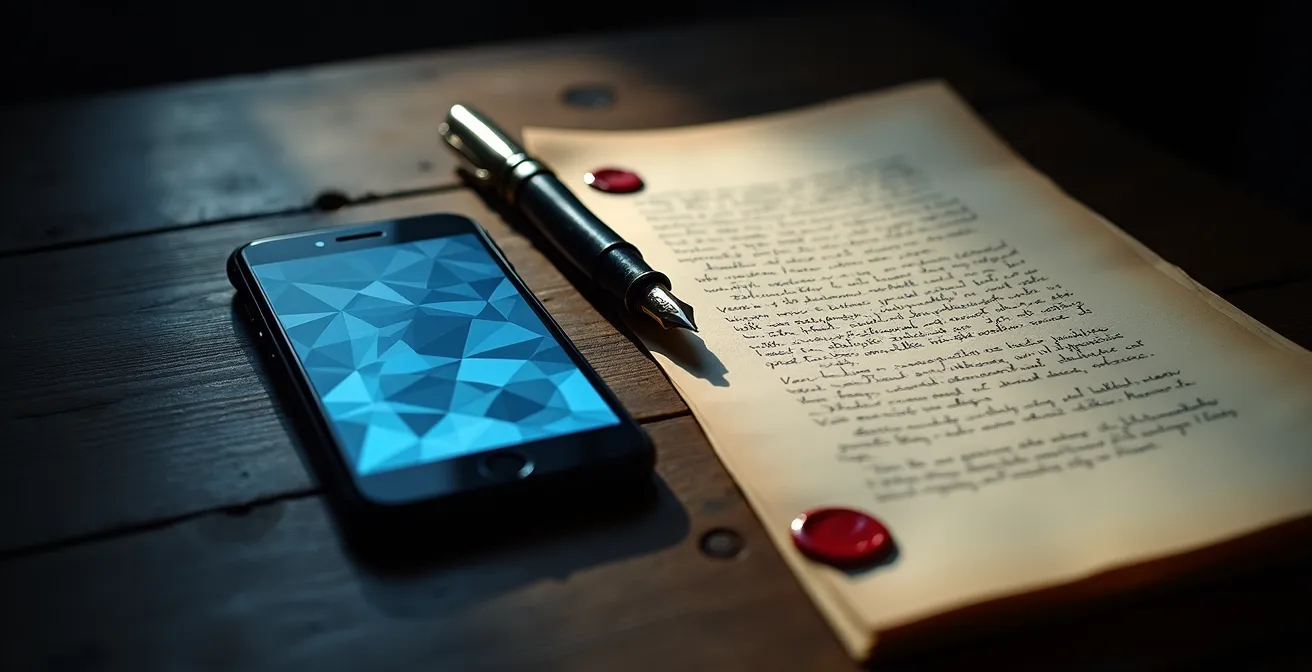 Split composition showing digital poetry on phone versus printed manuscript pages