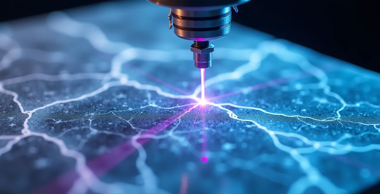 Advanced 3D scanning technology capturing the intricate surface details of a marble sculpture with laser beams.