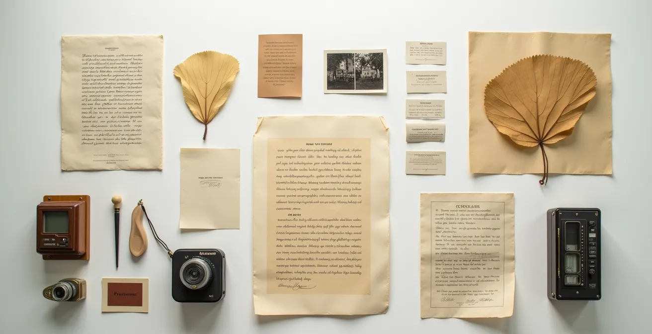 An overhead view of a conservation workspace showing diverse heritage materials like manuscripts, textiles, and audio equipment being preserved.