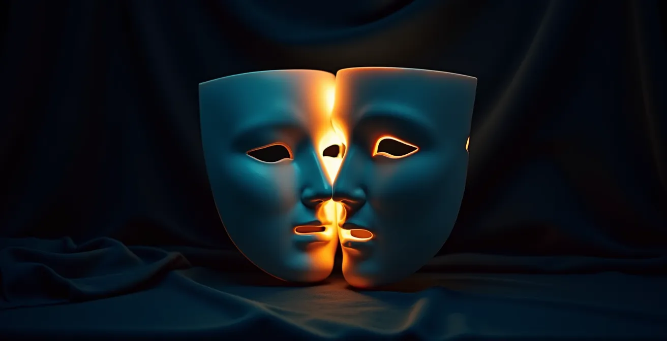 Theater masks showing emotional transition through dramatic lighting