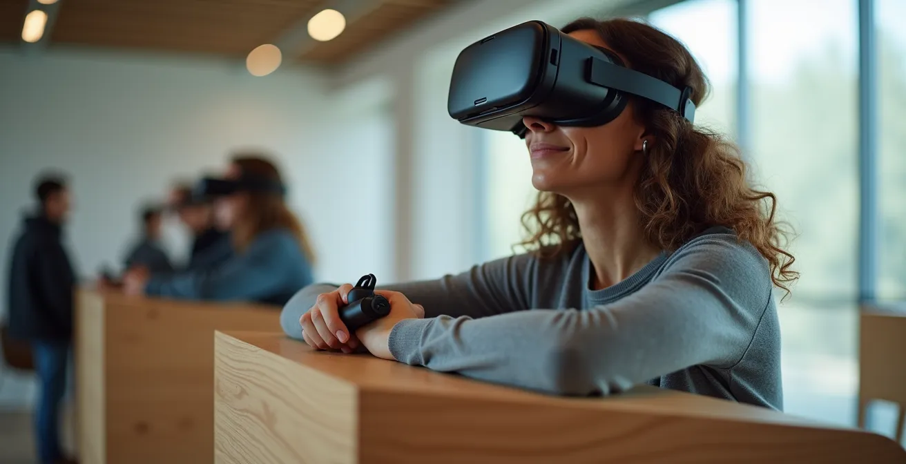 VR user interacting with real-world support structures mapped into virtual environment