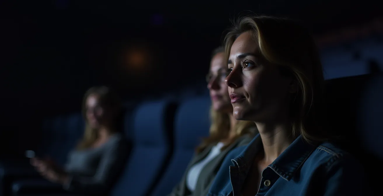 Film festival programmer reviewing short films in a darkened screening room, face lit by the screen.