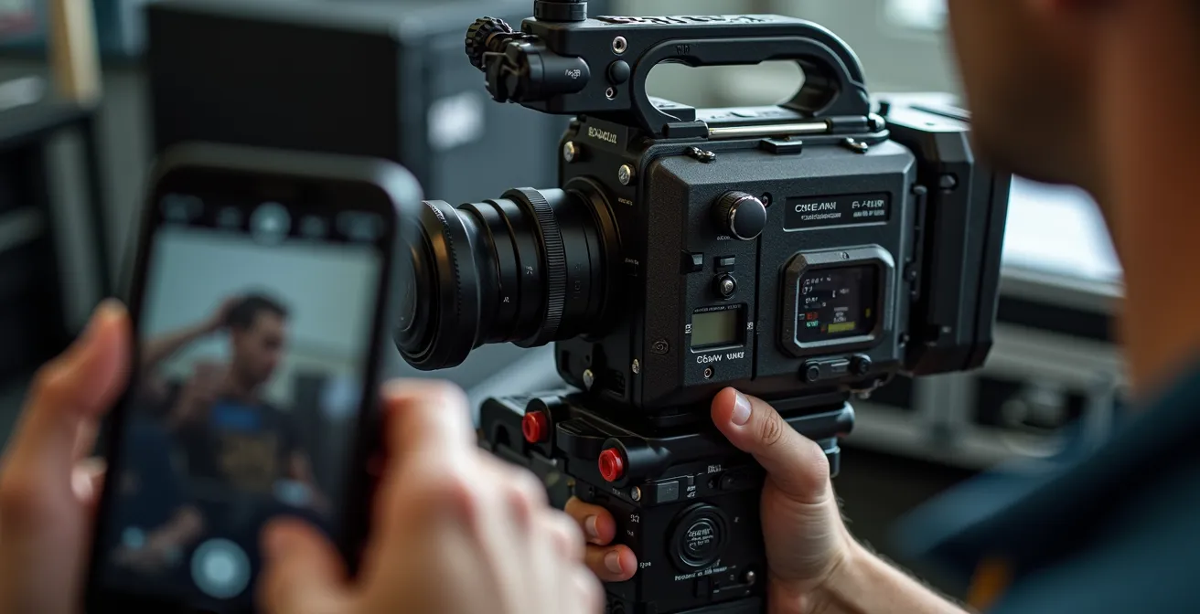 Filmmaker documenting borrowed camera equipment condition before production