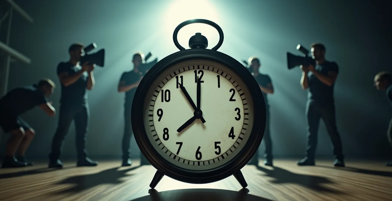 Film crew awaiting critical production decision during time-sensitive moment