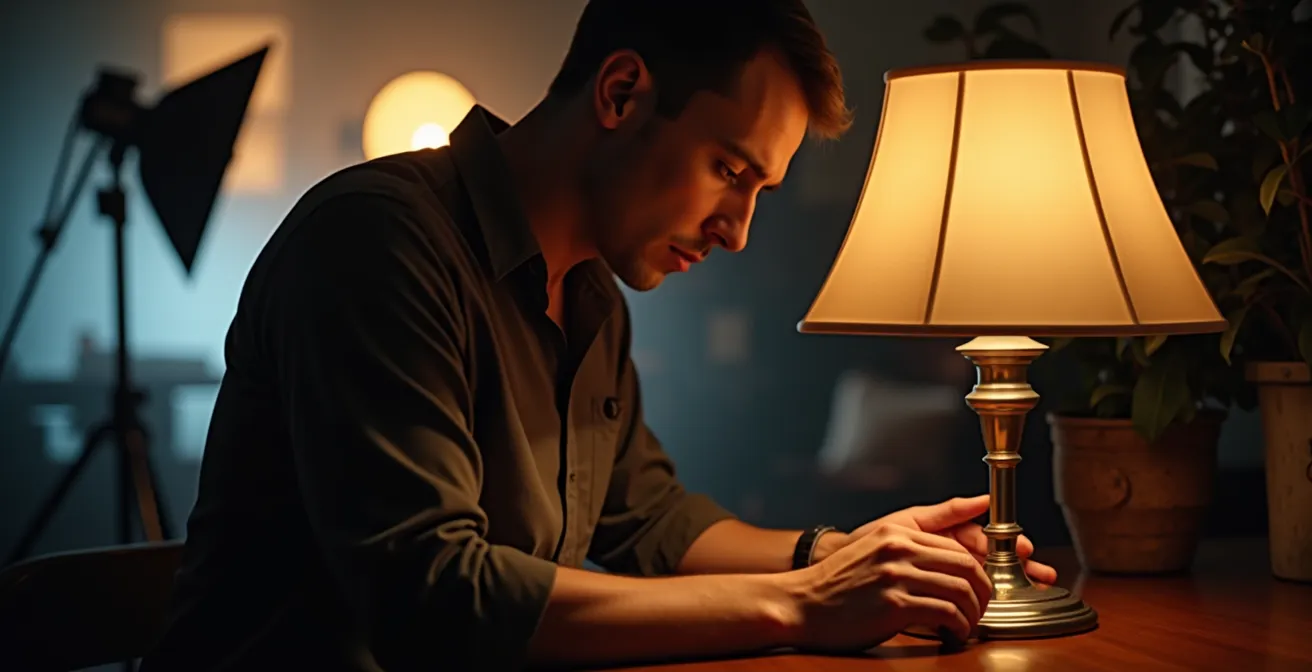 Film crew member adjusting a practical lamp while cinema lights provide additional illumination in background