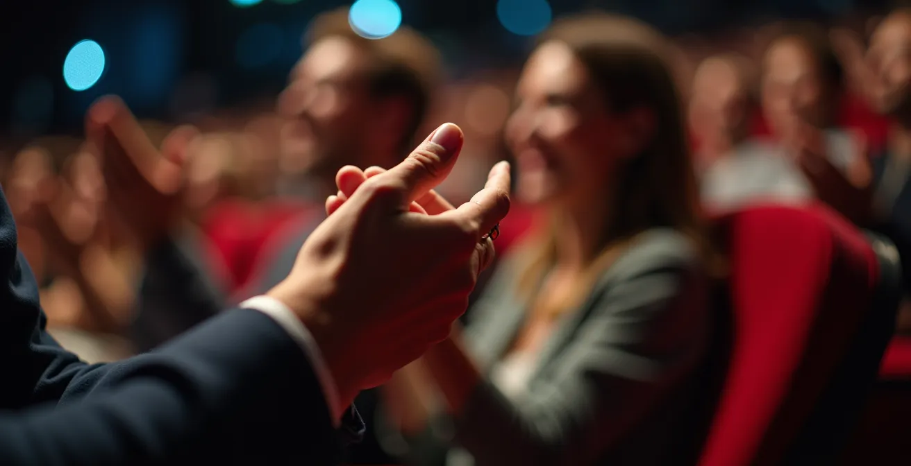 Close-up of an audience member's hands applauding at a film festival.