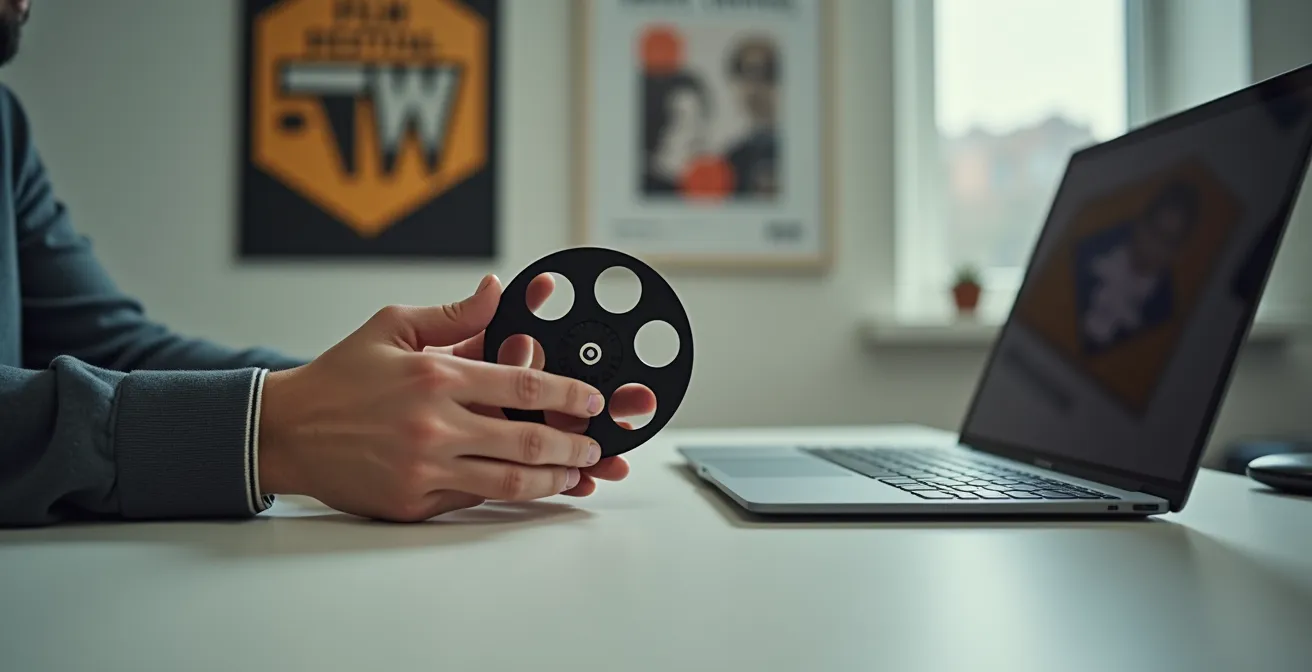 A close-up of hands carefully managing the online submission process for a film festival.