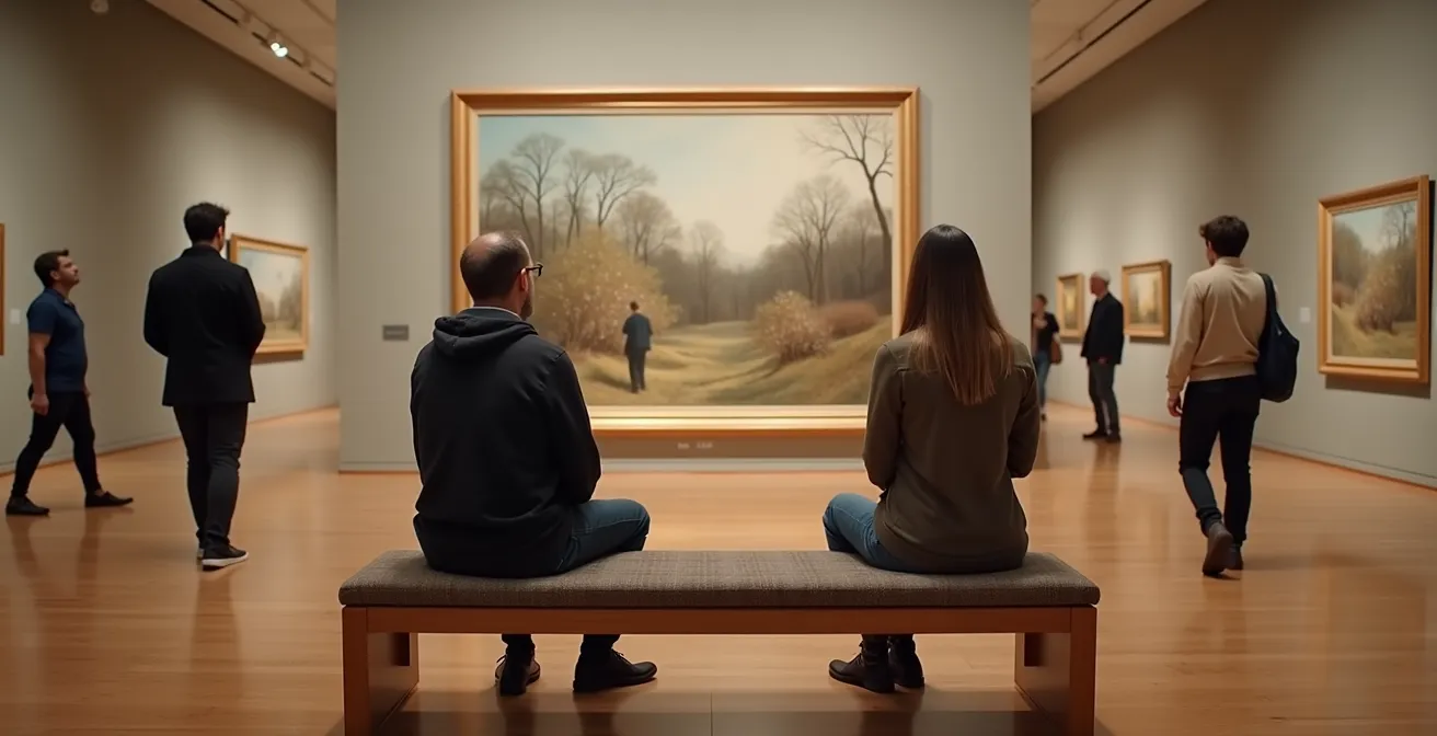 Wide angle view of gallery visitors moving slowly through space with abstract sound waves suggested through lighting