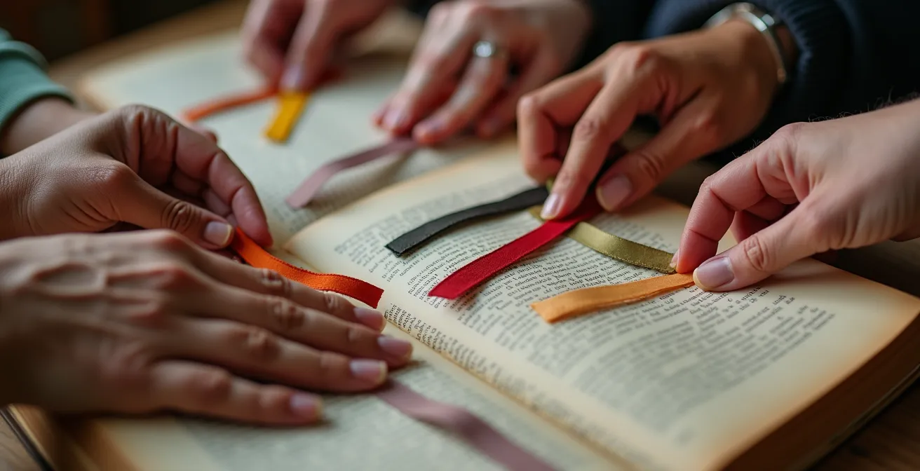 Multiple hands holding colorful bookmarks over open book pages