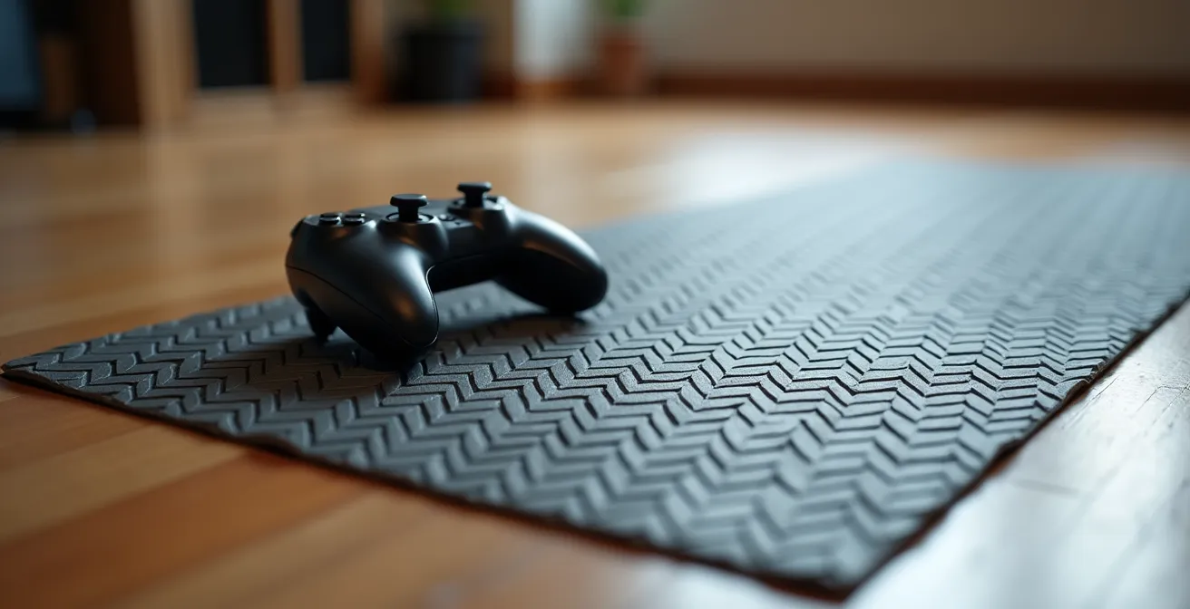 Close-up view of tactile floor boundaries with different textures for VR safety