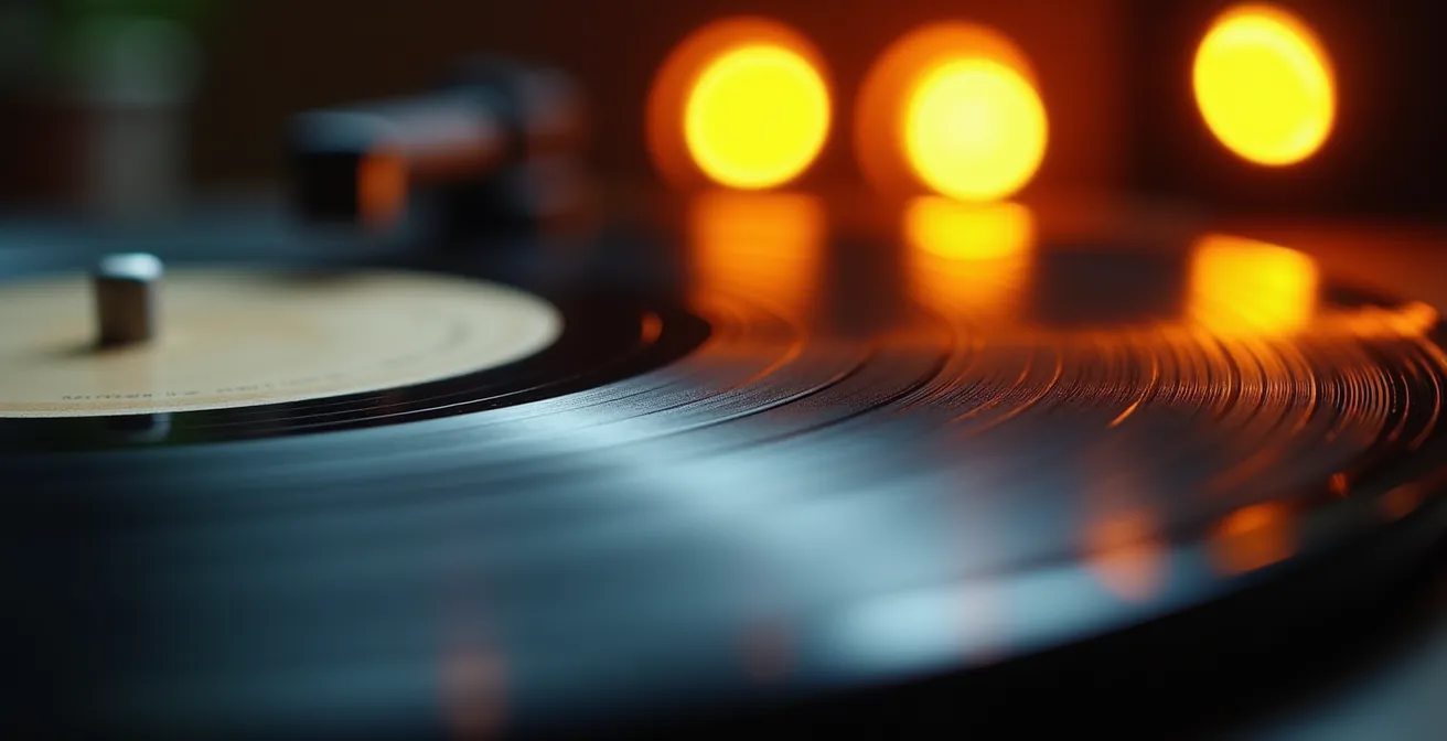 Macro shot of vinyl record grooves showing pristine surface detail with dramatic lighting emphasizing texture and depth