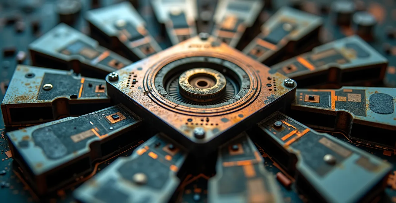 Extreme close-up of repurposed computer heat sink fins creating alien technological texture patterns