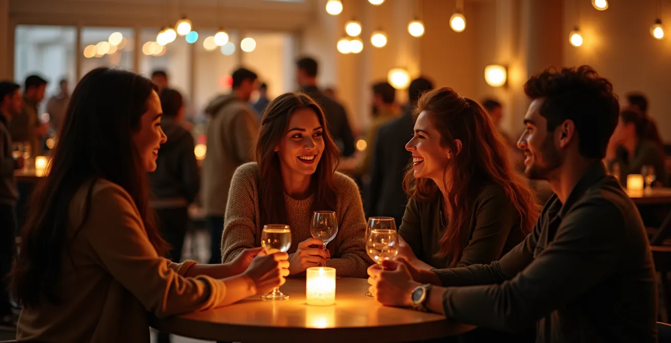Young concertgoers socializing in a contemporary symphony hall lobby