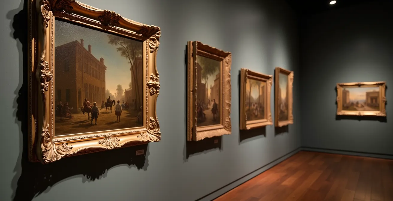 Contemporary museum space with historical colonial artwork and modern interpretive elements