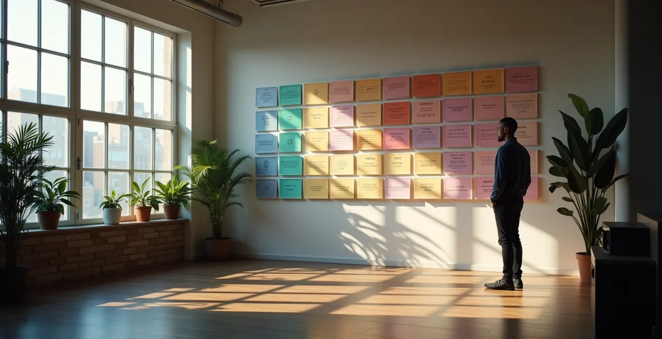 Wide shot of music producer's workspace showing catalog organization system