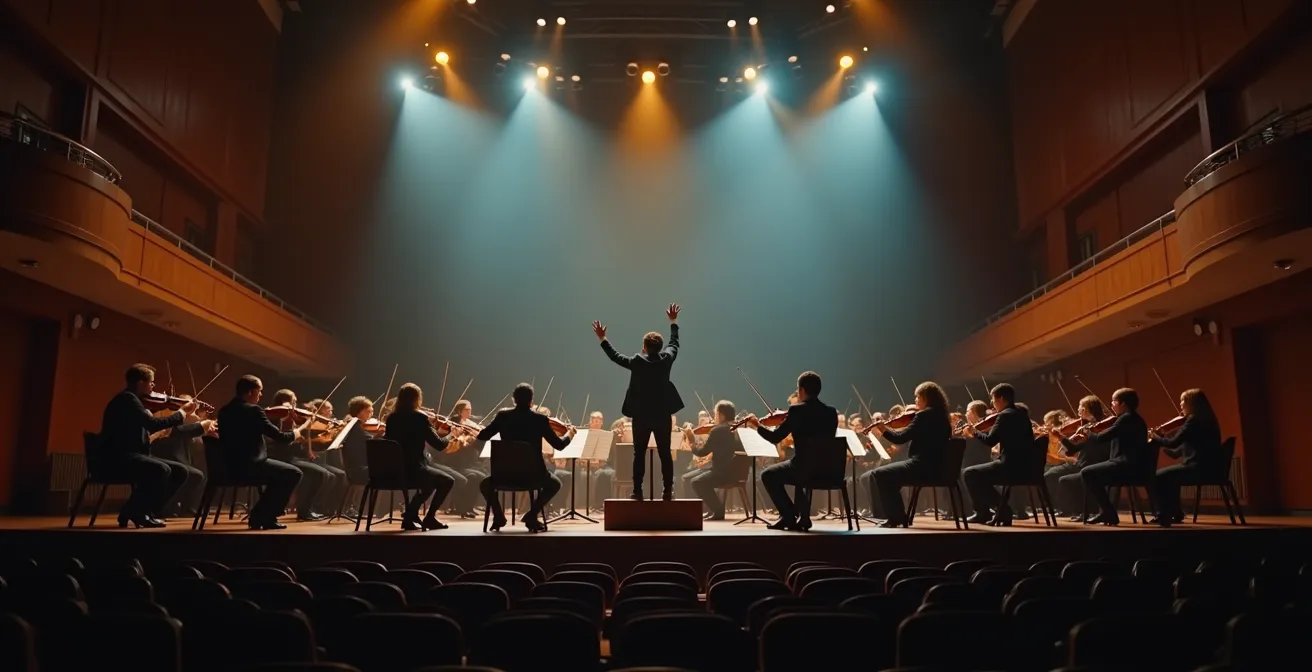 Symphony orchestra performing with dramatic lighting suggesting cinematic atmosphere