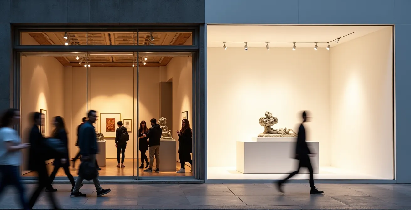 Split composition showing street-level storefront gallery and minimalist white cube space