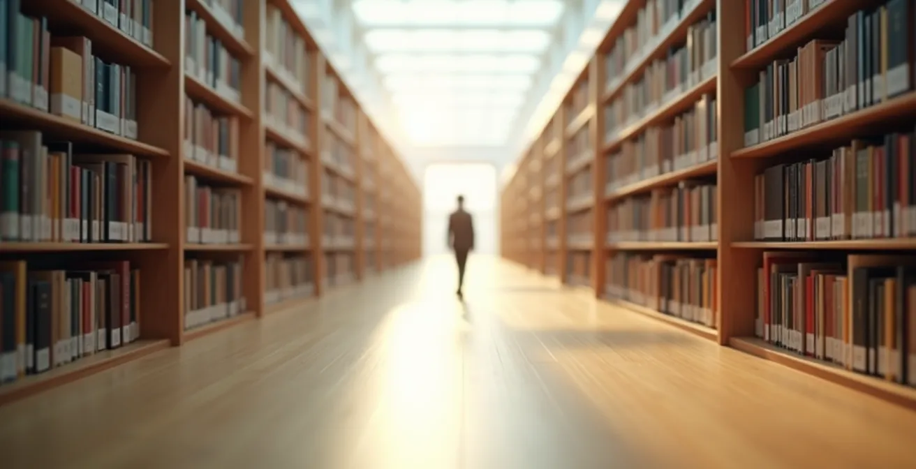 Wide environmental photograph of an endless library corridor with books creating a pathway forward