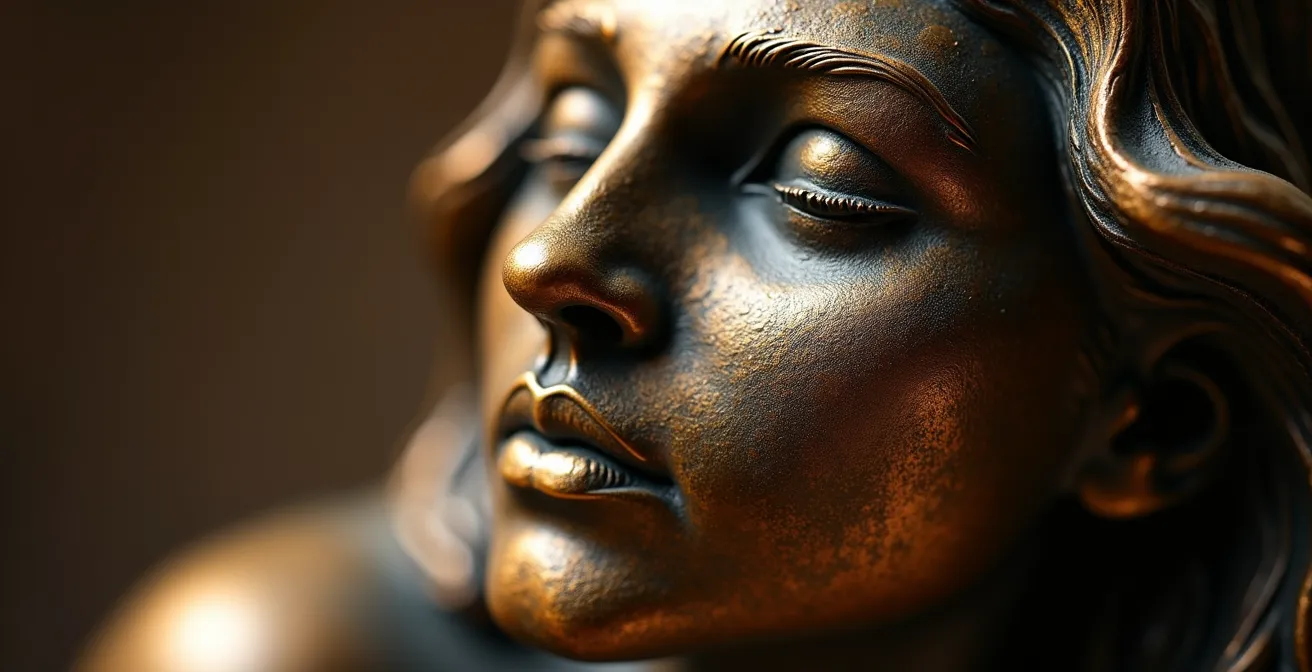 Close-up of textured bronze sculpture with dramatic side lighting